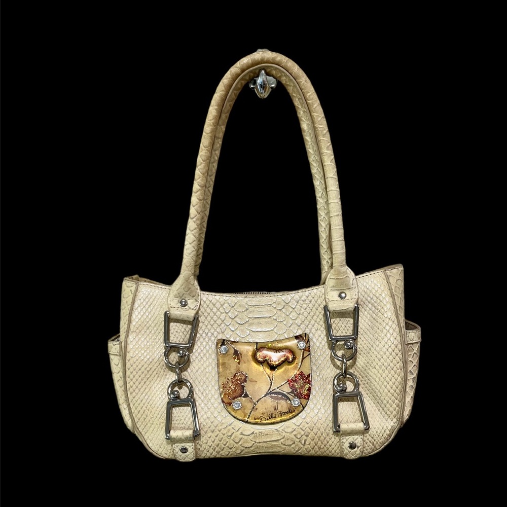 Debbie Brooks Croc Embossed Italian Leather Satchel Shoulder Bag Resin cream